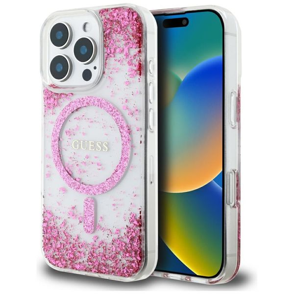 Puzdro Guess HC Resin Bottom Glitter pre iPhone 16 Pro MagSafe ružové