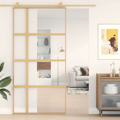 vidaXL Posuvné dvere zlaté 102,5x205 cm číre ESG sklo a hliník