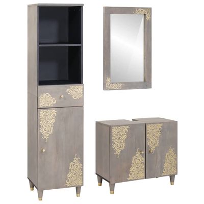 vidaXL Set kabinetov do kúpeľne 3 pcs Sivá Masívne mango drevo