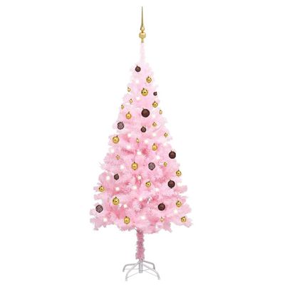 vidaXL Osvetlený umelý vianočný stromček s guľami, ružový 180 cm, PVC