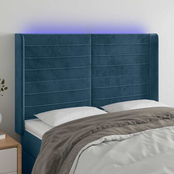vidaXL Čelo postele s LED tmavomodré 147x16x118/128 cm zamat