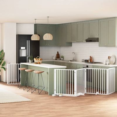 vidaXL Brána pre psa s dverami sklad. 8pan. biela 640cm topoľové drevo