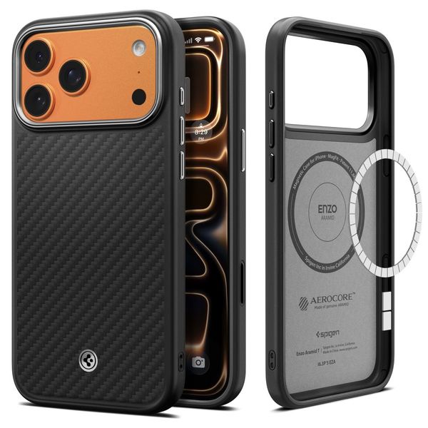 Puzdro Spigen Enzo Aramid ”T” Mag Magsafe pre iPhone 17 Pro Čierna/Strieborná