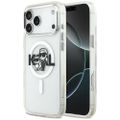 Puzdro Karl Lagerfeld Magsafe IML trblietavé s kovovým rámom fotoaparátu a tlačidlami a logom Karl a Choupette pre iPhone 17 Pro Max číre