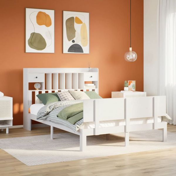 vidaXL Posteľ s knižnicou bez matraca biela 150x200cm borovicový masív