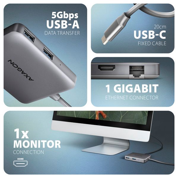 AXAGON HMC-5HL, USB 5Gbps hub, 2x USB-A, HDMI 4k/60Hz, RJ-45 GLAN, PD 100W, kábel USB-C 20cm Dokovacia stanica, USB-C, kompatibilná s Thunderbolt 4, 1× HDMI, 2× USB 3.0, 1× USB-C, RJ-45, Power Delivery 100W