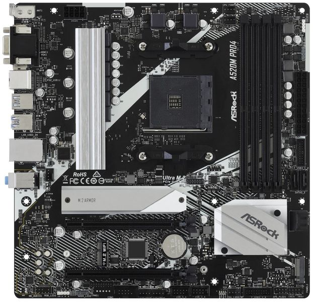 ASRock A520M PRO4 / AMD A520 / AM4 / 4x DDR4 DIMM / M.2 / VGA / HDMI / DP / USB-C / mATX Základná doska, AMD A520, AM4, 4x DDR4 DIMM (max. 128 GB), 2x M.2, VGA, HDMI, DisplayPort, USB typ C, mATX