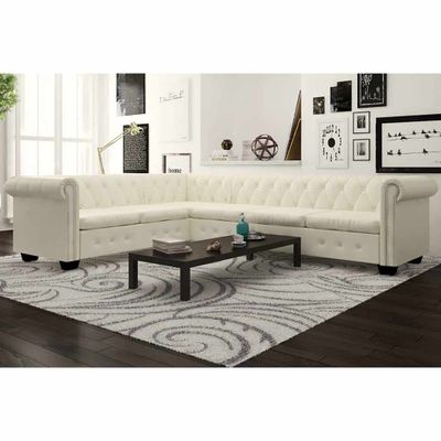 vidaXL Rohová pohovka Chesterfield, 6-miestna, umelá koža, biela