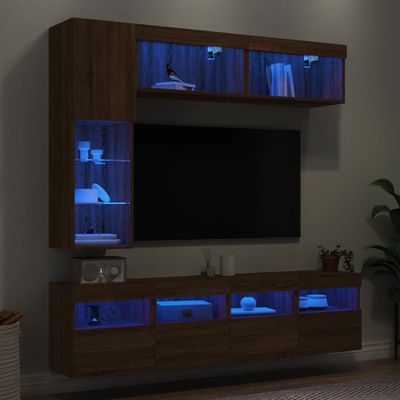 vidaXL 7-dielna súprava TV nástenných skriniek s LED hnedý dub