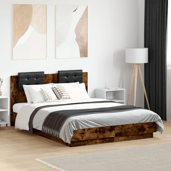 vidaXL Posteľný rám s čelom dymový dub 120x190 cm kompozitné drevo