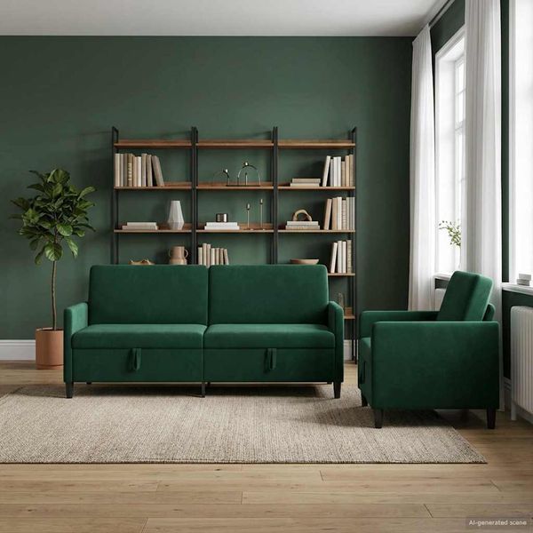vidaXL Súprava pohovky s úložným priestorom 2 ks Tmavozelená Polyester