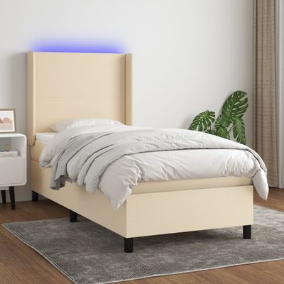 vidaXL Posteľ boxsping s matracom a LED krémová 90x200 cm látka