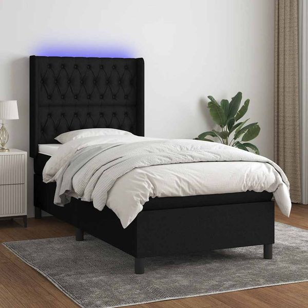 vidaXL Posteľ boxsping s matracom a LED čierna 90x200 cm látka