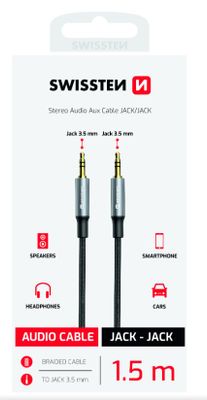 SWISSTEN AUDIO KÁBEL TEXTILE JACK (samec) / JACK (samec) 1,5 M ČIERNY (nahrádza 73501101)