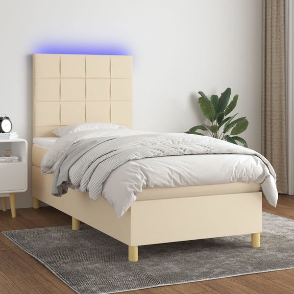 vidaXL Posteľ boxsping s matracom a LED krémová 100x200 cm látka