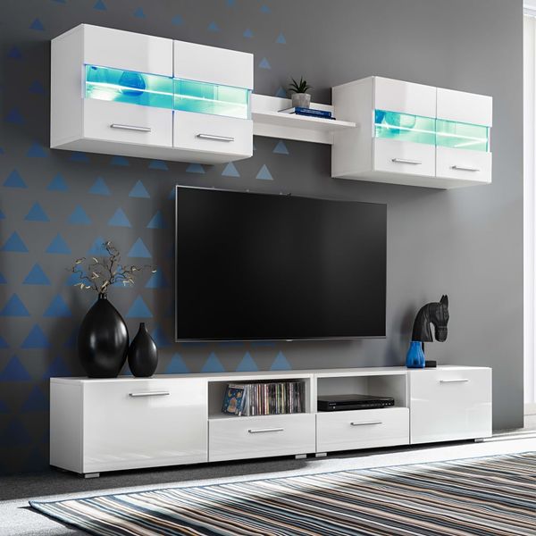 vidaXL 5-dielna obývacia TV stena s LED svetlami, lesklá biela
