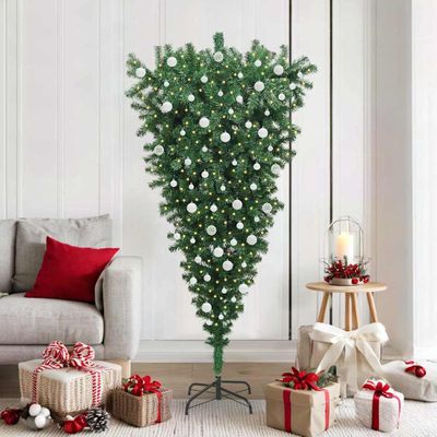 vidaXL Umelý prevrátený vianočný stromček s guľami Zelená 180 cm PVC