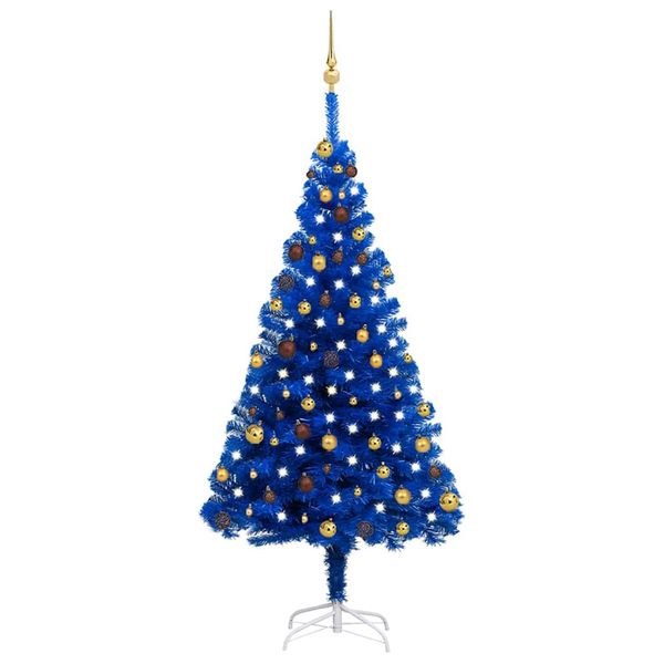 vidaXL Osvetlený umelý vianočný stromček s guľami, modrý 180 cm, PVC