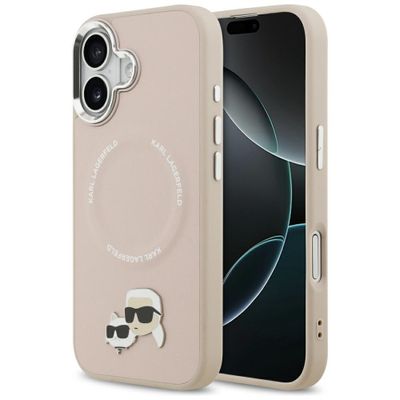 Puzdro Karl Lagerfeld Magsafe PU puzdro s kolíkmi Karl&Choupette heads pins, logom a kovovými tlačidlami fotoaparátu pre iPhone 17 béžová