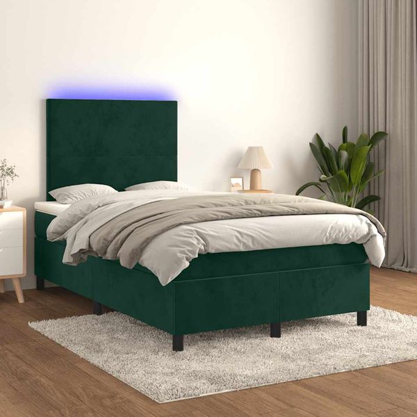 vidaXL Posteľný rám boxsping matrac a LED tmavozelený 120x200 cm zamat