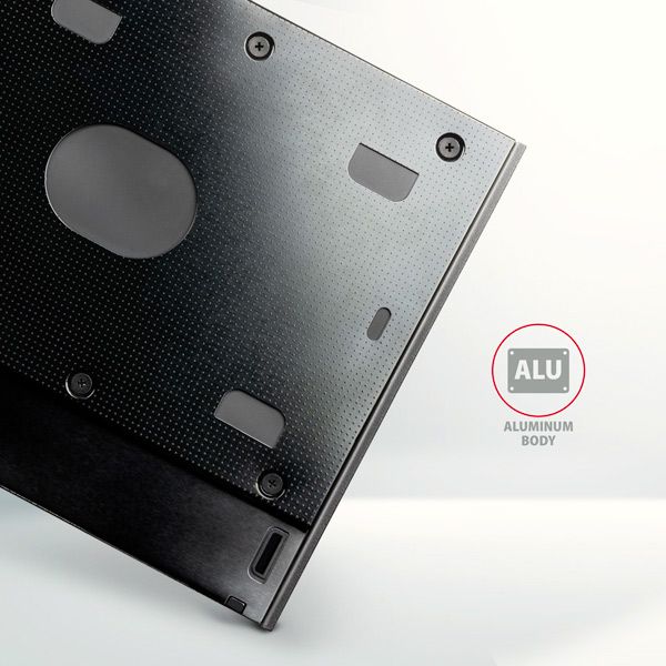 AXAGON RSS-CD09 rámeček pre 2.5" SSD/HDD do DVD slotu, 9.5 mm, LED, hliník Rámeček, interný, pre 2,5" HDD/SSD náhrada SATA mechaniky v notebooku, pre disky o výške 7 a 9,5 mm, výška 9,5mm