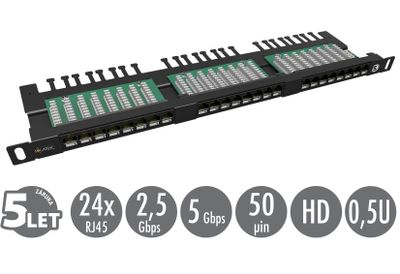 19'' patch panel Solarix 24xRJ45 CAT5E UTP s vyväzovacou lištou čierny 0,5U SX24HD-5E-UTP-BK