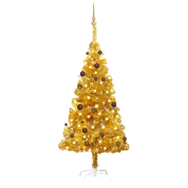 vidaXL Osvetlený umelý vianočný stromček s guľami, zlatý 150 cm, PET