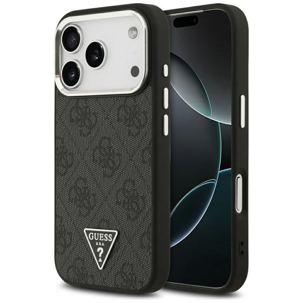 Puzdro Guess Magsafe 4G PU Leather s trojuholníkovým logom a strieborným kovovým rámom fotoaparátu pre iPhone 17 Pro čierne