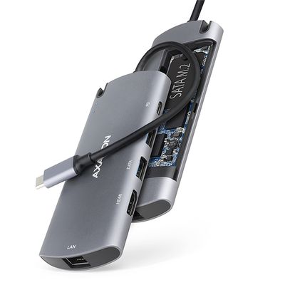 AXAGON HMC-6M2, USB 3.2 Gen 1 hub, 2x USB-A, HDMI, RJ-45 GLAN, SATA M.2, PD 100W, kábel USB-C 18cm