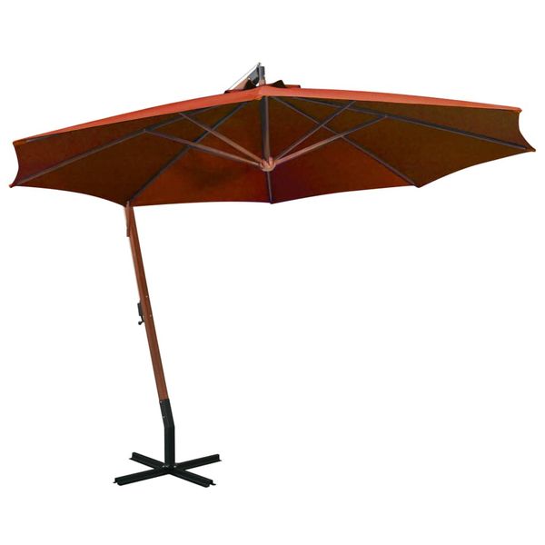 vidaXL Závesný záhradný slnečník+ tyč, tehlový 3,5x2,9m, jedľový masív