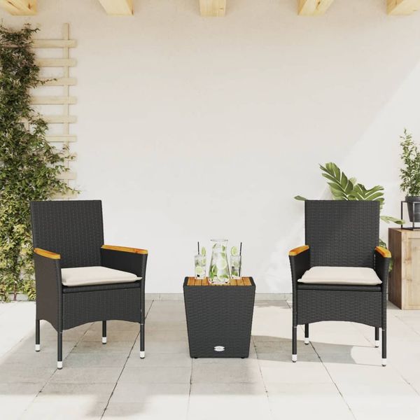 vidaXL 3-dielna bistro súprava s vankúšmi čierna polyratan a sklo