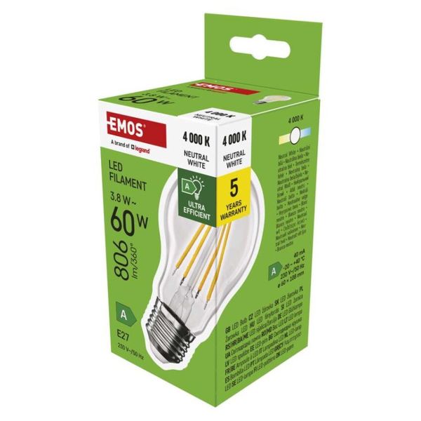 LED žiarovka Filament A60 A CLASS/ E27 / 3,8 W (60 W) / 806 lm / neutrálna biela