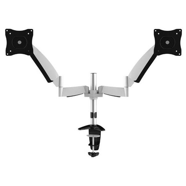 Neomounts FPMA-D950D/Držák displeje/na stůl/10-27"/svorka+průchodka/VESA 100X100/plyn. píst/nosn.2x9kg/2 displeje/stříb Držák, VESA, stolní, pro 2 ploché monitory, úhloprícka 10"-27", náklon 130°, otácení 180°, rotace 360°, nosnost 18kg, stríbrný