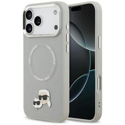 Obal Karl Lagerfeld Magsafe PU s kolíkmi hláv Karl&Choupette, logom a kovovými tlačidlami fotoaparátu pre iPhone 17 Pro sivý