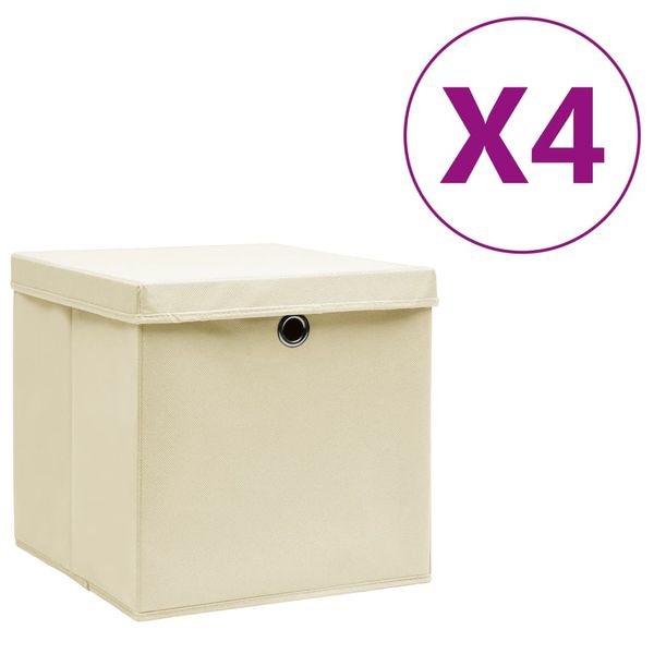 vidaXL Úložné boxy s vekom 4 ks, 28x28x28 cm, krémové