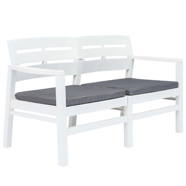 vidaXL 2-miestna záhradná lavička s vankúšmi biela 133 cm plastová