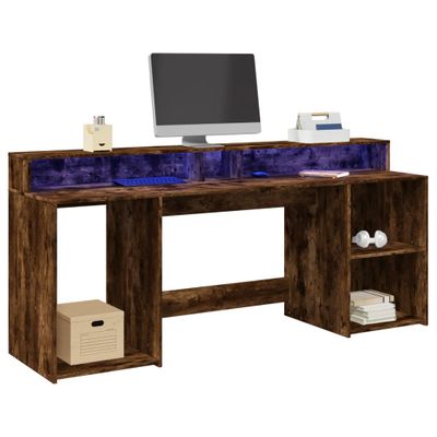 vidaXL Stôl s LED svetlami dymový dub 200x55x91 cm kompozitné drevo