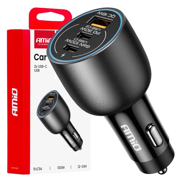 Nabíjačka do auta 2x USB C port + USB A port 12/24V 100W AMIO-04371