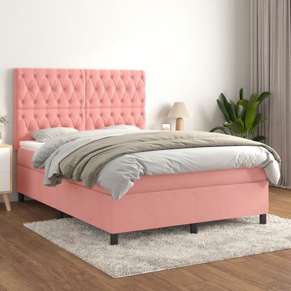 vidaXL Posteľný rám boxsping s matracom ružový 140x200 cm zamat
