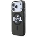 Puzdro Karl Lagerfeld Magsafe IML s trblietkami, kovový rám a tlačidlá fotoaparátu, kreslené logo Karla a Choupette pre iPhone 17 Pro čierne