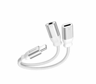 SWISSTEN NABÍJACÍ AUDIO ADAPTÉR TEXTILE USB-C (samec) / USB-C (samica) a 3,5mm AUX 0,12 M BIELY