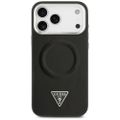 Guess Case Magsafe PU kožené puzdro s trojuholníkovým logom a strieborným kovovým rámom fotoaparátu pre iPhone 17 Pro Čierna