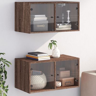 vidaXL Nástenné skrinky sklenené dvierka 2 ks hnedý dub 68,5x37x35 cm