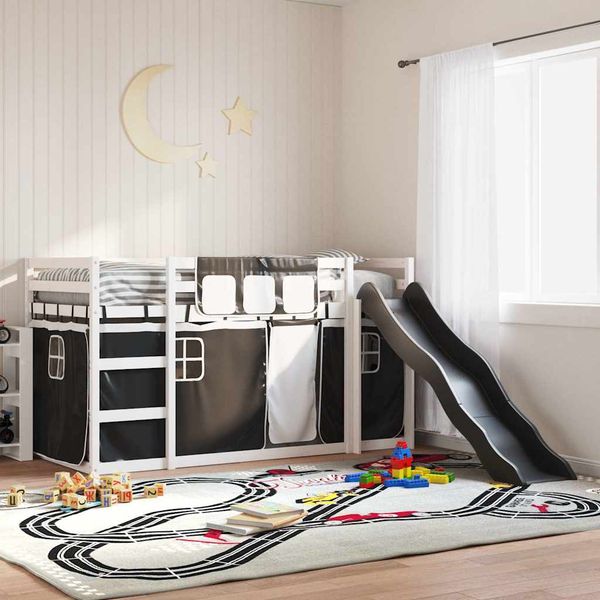 vidaXL Poschodová posteľ šmykľavka a závesy bielo-čierna 90x190 cm