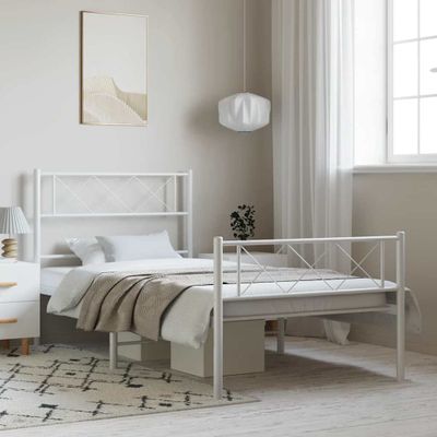 vidaXL Kovový rám postele s čelom a podnožkou biely 100x200 cm