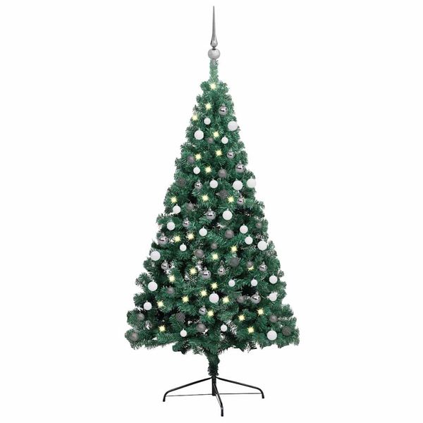 vidaXL Osvetlený umelý polovičný vianočný stromček+gule, zelený 120 cm
