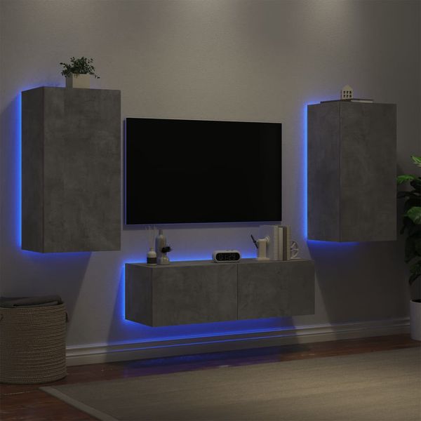 vidaXL 3-dielne TV nástenné skrinky s LED svetlami betónovo sivé