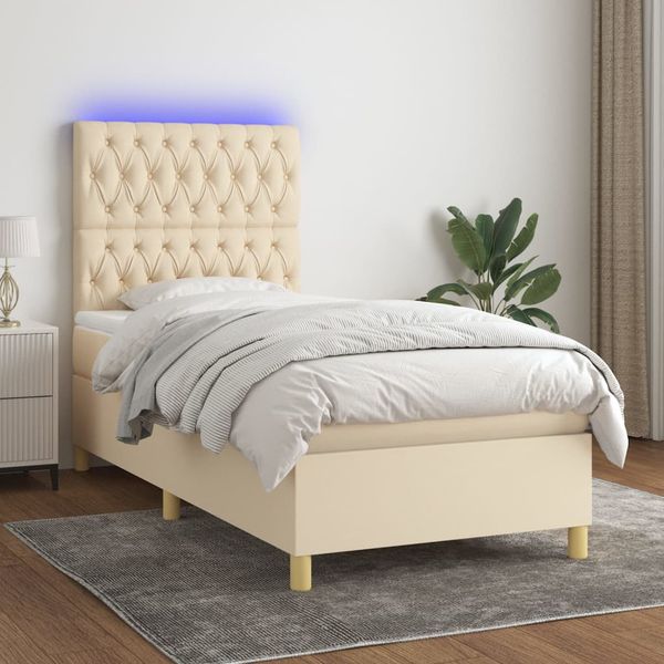 vidaXL Posteľ boxsping s matracom a LED krémová 80x200 cm látka