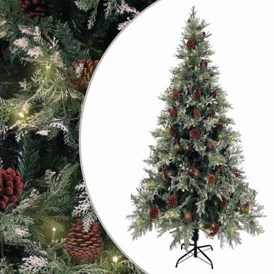 vidaXL Osvetlený vianočný stromček so šiškami, zelený 225 cm, PVC a PE