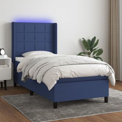 vidaXL Posteľ boxsping s matracom a LED modrá 90x190 cm látka